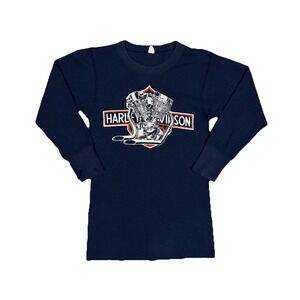 Vintage 70s Harley Davidson Engines Thermal Long Sleeve Mens Small Blue
